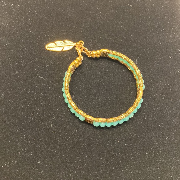 Triple Strand of Light Blue & Gold Beaded Bracelet with Feather Charm - Picture 6 of 7